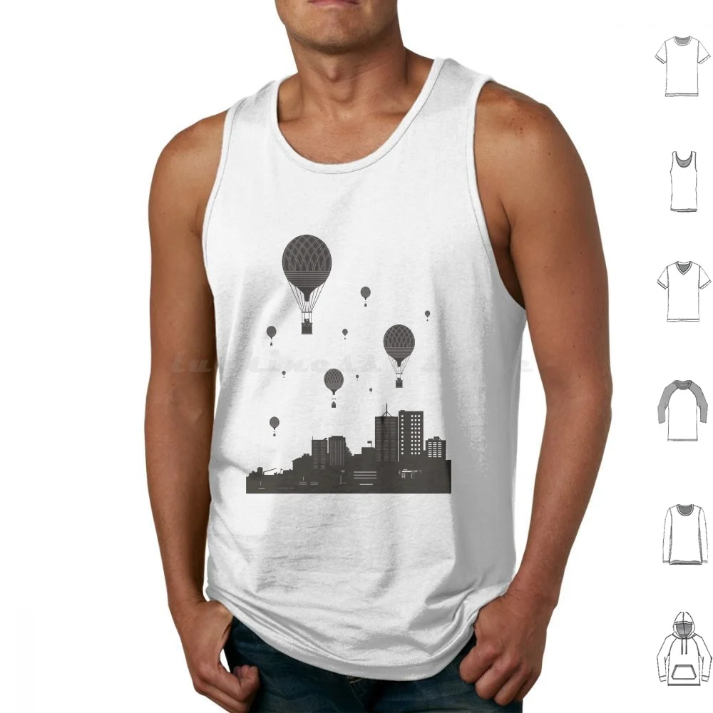 Balloons And The City Tank Tops Vest Sleeveless City Surreal Black Minimalism Air Balloon Building Silhouette Surrealism
