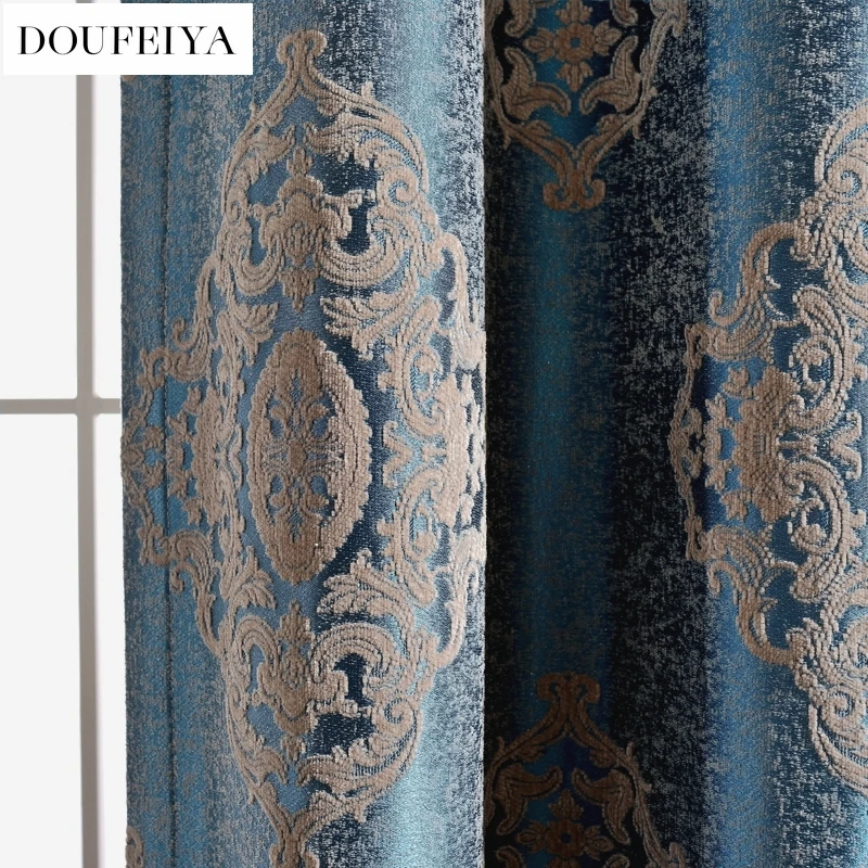 

New Curtains for Living Dining Room Bedroom Custom European Luxury Light Luxury Chenille Jacquard Window Curtain Room Decor Blue