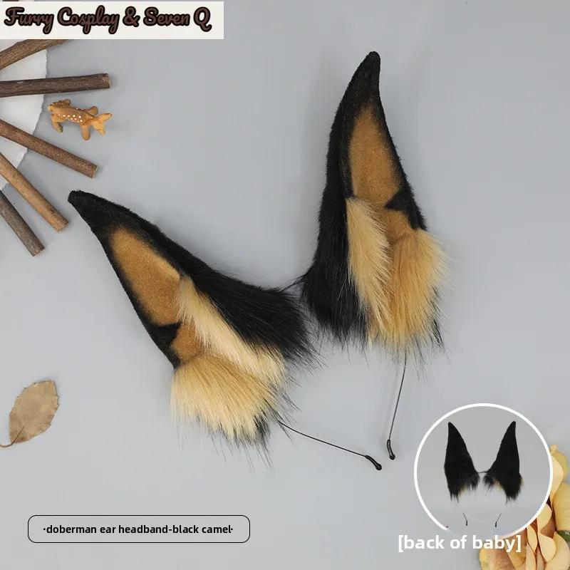 Handmade Simulation Furry Doberman Pinscher Headband Plush Cute Dog Puppy Ears Hair Hoop Lolita Anime Cosplay Hair Accessories