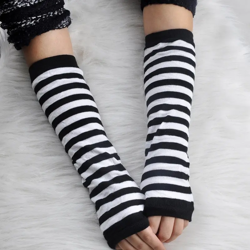 Stripe Women Half Finger Winter Cute Long Gloves Arm Sleeve Open Finger Gloves