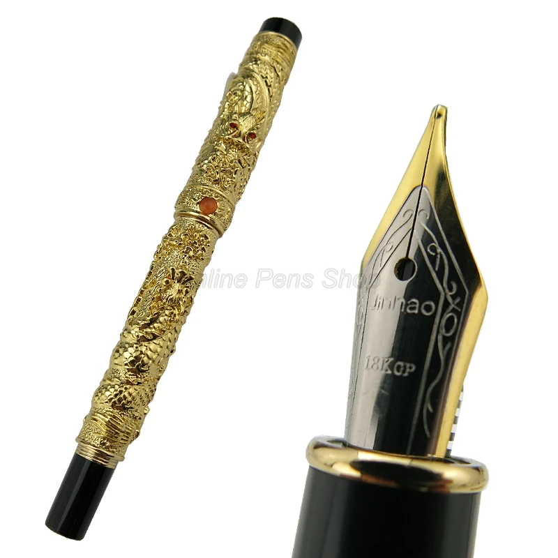 Jinhao Golden Double Dragon Playing Pearl Embossing Medium Nib Fountain Pen Gold Trim Professional Office Stationery