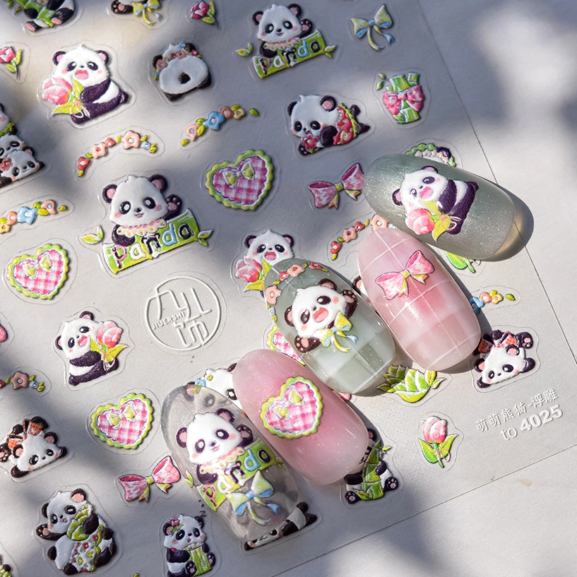 Lovely Panda Bow Bamboo Shoots Love Heart Green Pink Tulips Soft Embossed Reliefs Self Adhesive Nail Art Sticker Manicure Decals