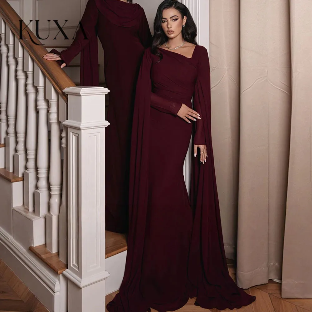 KUXA Customized Mermaid Evening Dress Burgundy V Neck Modern Wedding Guest Gowns for Women Long Sleeves Formal Party Dress 2026