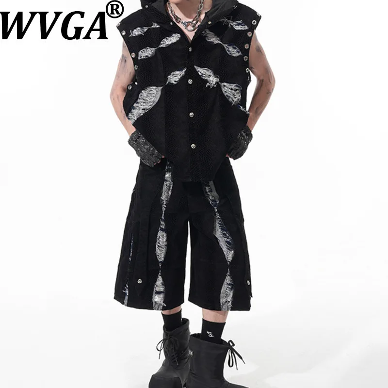 

WVGA Spring Summer New Man Tide Pattern Printed Vest Hooded Trendy Design Niche Chic Casual Long Sleeved Coats Shorts Ins W13105