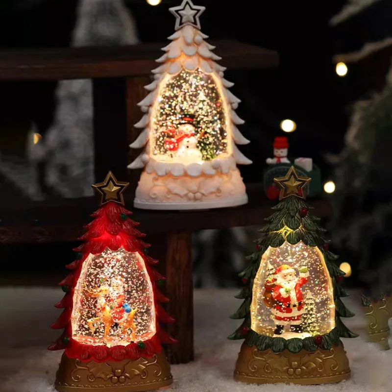 Christmas Glow Water Injection Snow Falling Christmas Tree Small Wind Light Night Light Desktop Decoration Gift Holiday Lighting