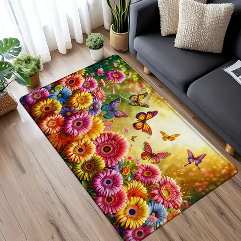 Flannel Thickness 0.47Inch - 1Pc Flannel Sunflower Door Mat, Floral Non-Slip Floor Area Mat, Butterfly Doormat, Machine Washable for Entryway Kitchen Living Room Laundry Bathroom Home Decor