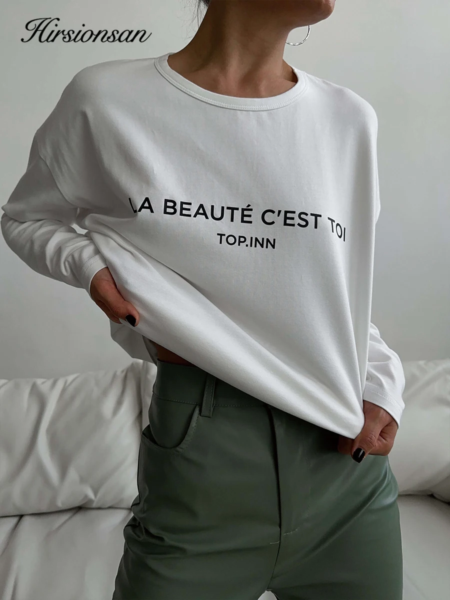 

Hirsionsan Letter Printed Long Sleeved T-shirt for Women Loose Fit Pure Cotton Round Neck Basic Top