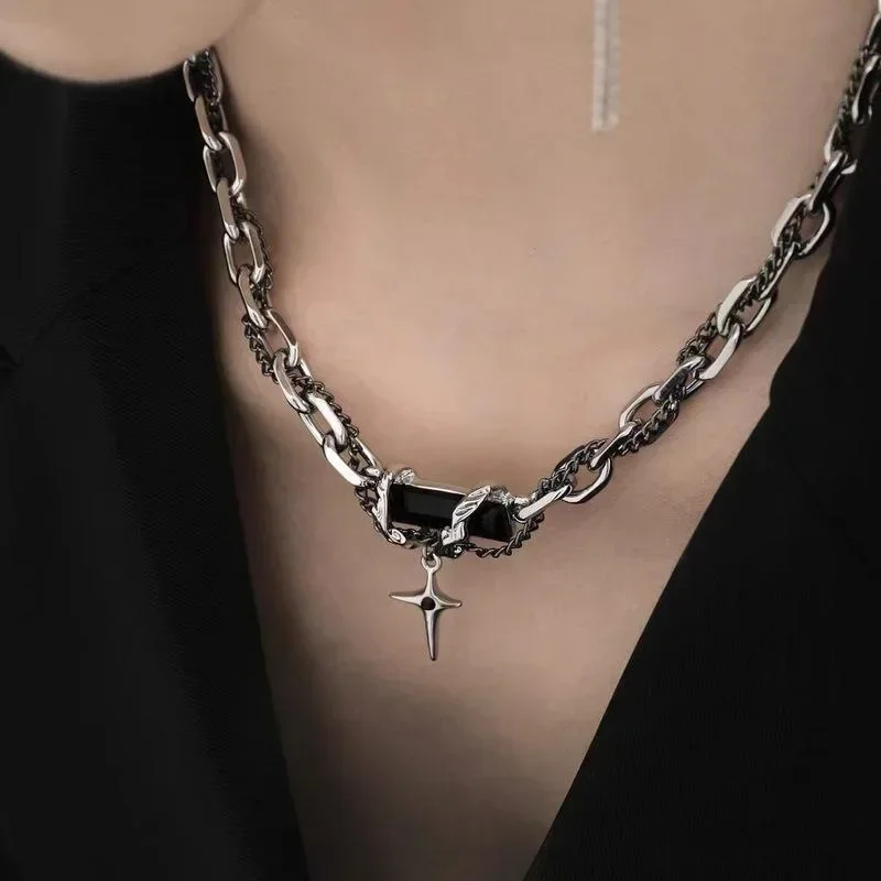 2024 Retro Black Zircon Star Necklace For Women Men Trend Titanium Steel Punk Nk Chain Unisex Jewelry New Couple Accessories