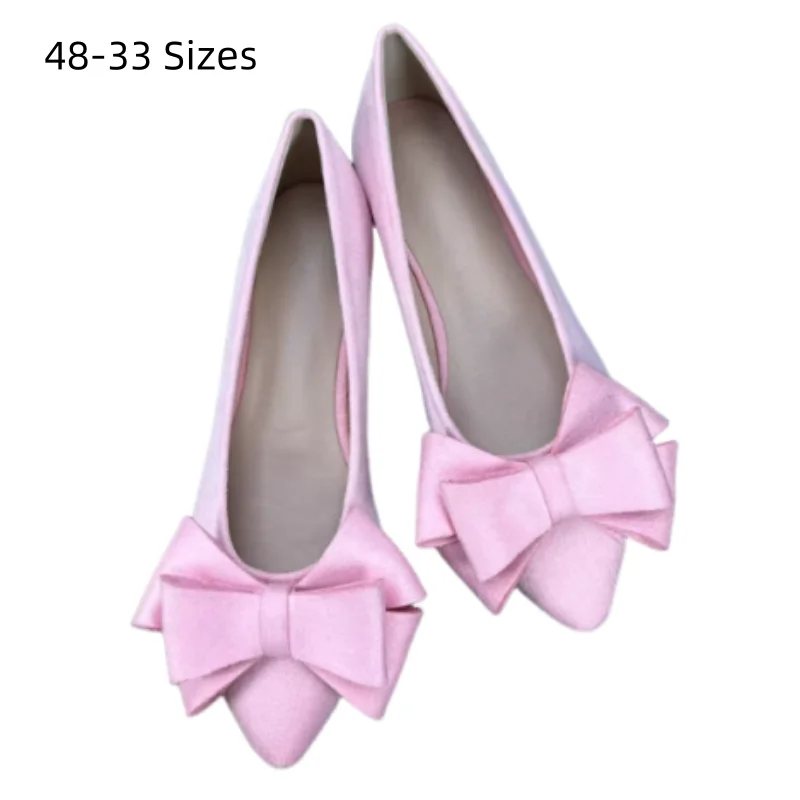 Female Flock Big Bow Small Tip Shoes Sweet Lovely Pinkish Purple Yellow Outdoor Dress Flats Summer Slip-On Breathable 48 33 34