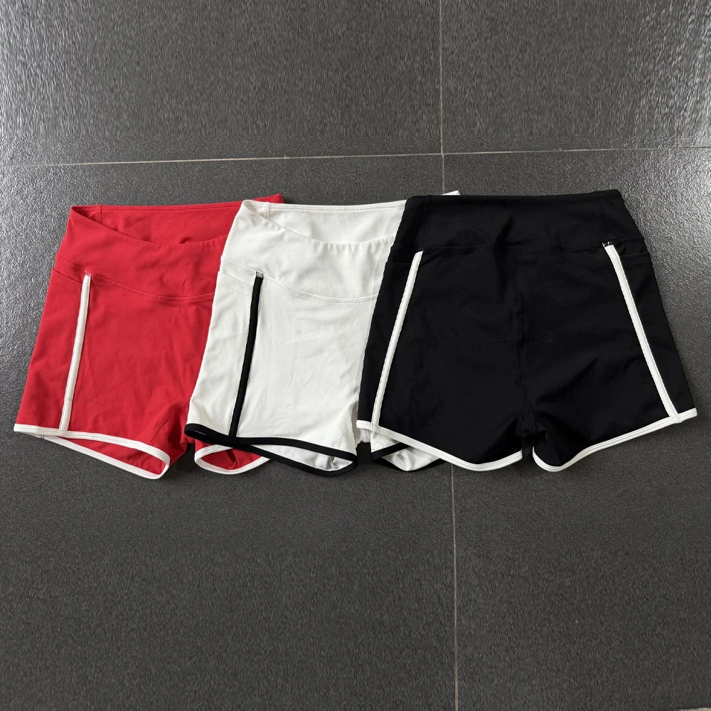 Patchwork Running Sport Short Tights with Pocket Women Sportswear Gym Clothing High Waist Yoga Shorts Fitness Short Leggings Red