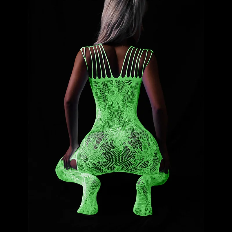 Bodystocking Plus Size Glow In The Dark, Lingerie Jaring Ikan yang Dapat Dilepas, Bahan Mesh Transparan, Berlubang, Pakaian Tidur Sensual