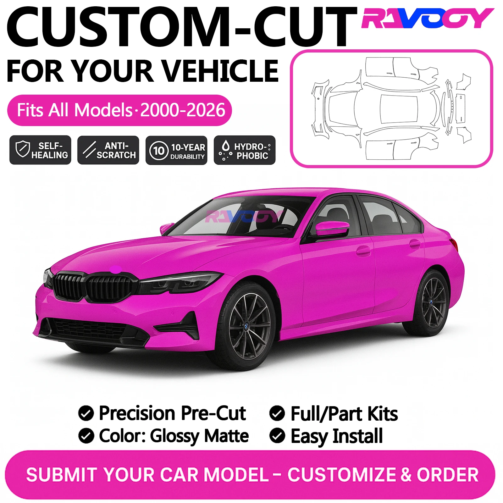 

Изготовленный на заказ комплект PPF для BMW 3 серии 4 5 серии 2024–2026, защитная пленка для краски, глянцевый матовый передний бампер, полный передний комплект