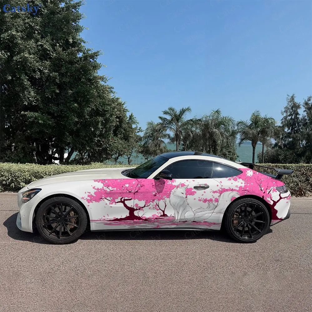 2pcs Spring Cherry Blossom White Fox Car Side Wrap, Self-Adhesive PVC Waterproof & Scratch-Resistant Sticker, Car Accessory Gift
