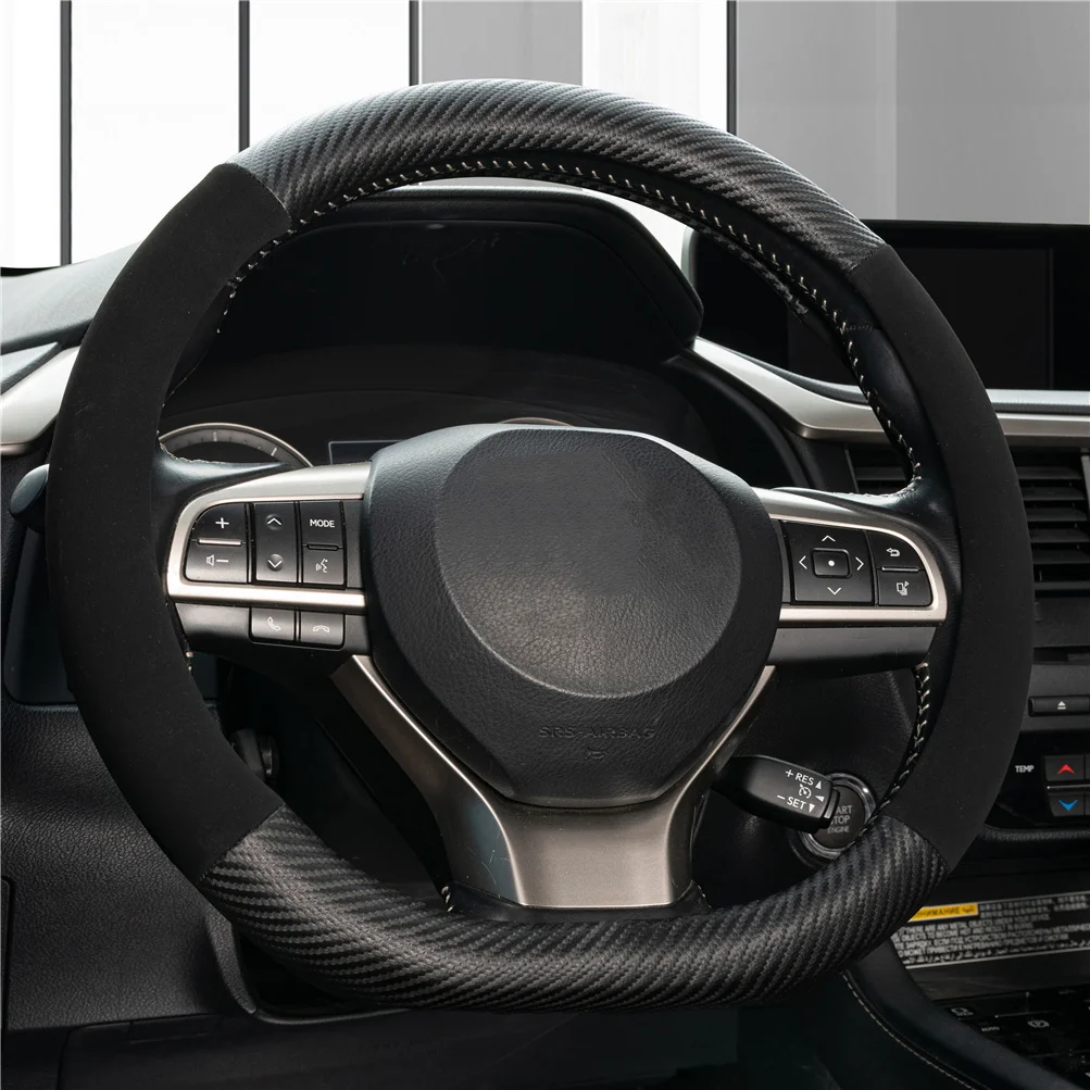 D-Shaped Carbon Fiber & Suede Leather Car Steering Wheel Cover Anti-Slip Protector Breathable Sweat Absorbent Sport 38cm(15Inch)