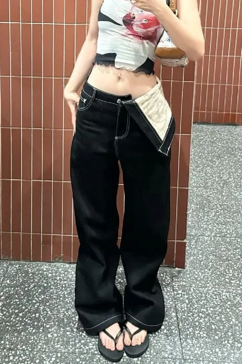 

Korea Version Irregular Letter Flip Design Jeans Women Spring Autumn New Loose Old Straight Wide-Leg Floor Trousers