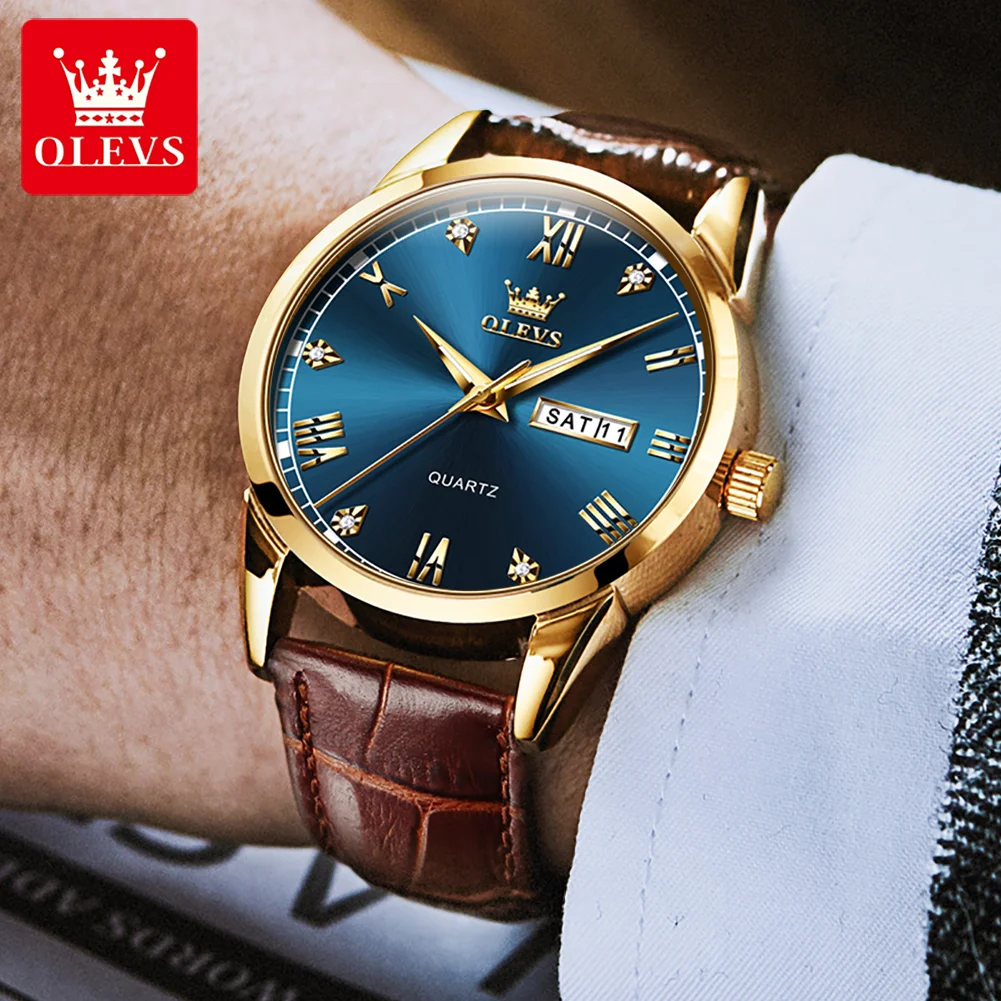 OLEVS 6896 Quartz Watch for Man Top Brand Date Week Luminous Leather Strap Sport Business Fashion Men’s Wristwatch