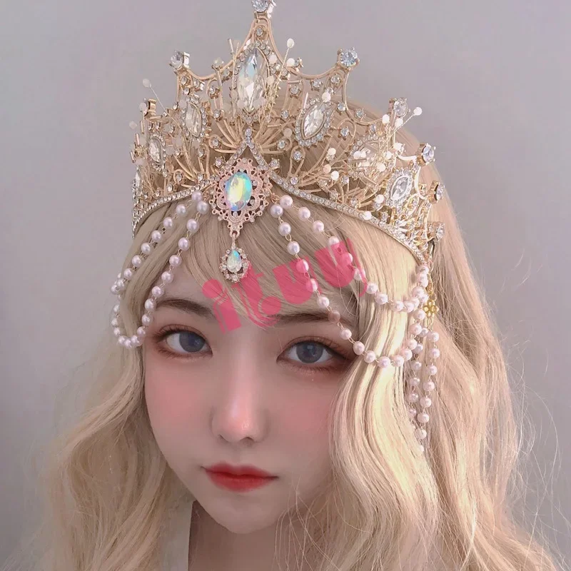 اليدوية هالة تاج خوذة لوليتا آلهة KC القوطية الأبيض الملاك ريشة أجنحة هالة كريستال عقال للرأس على شكل تاج إكسسوارات الشعر
