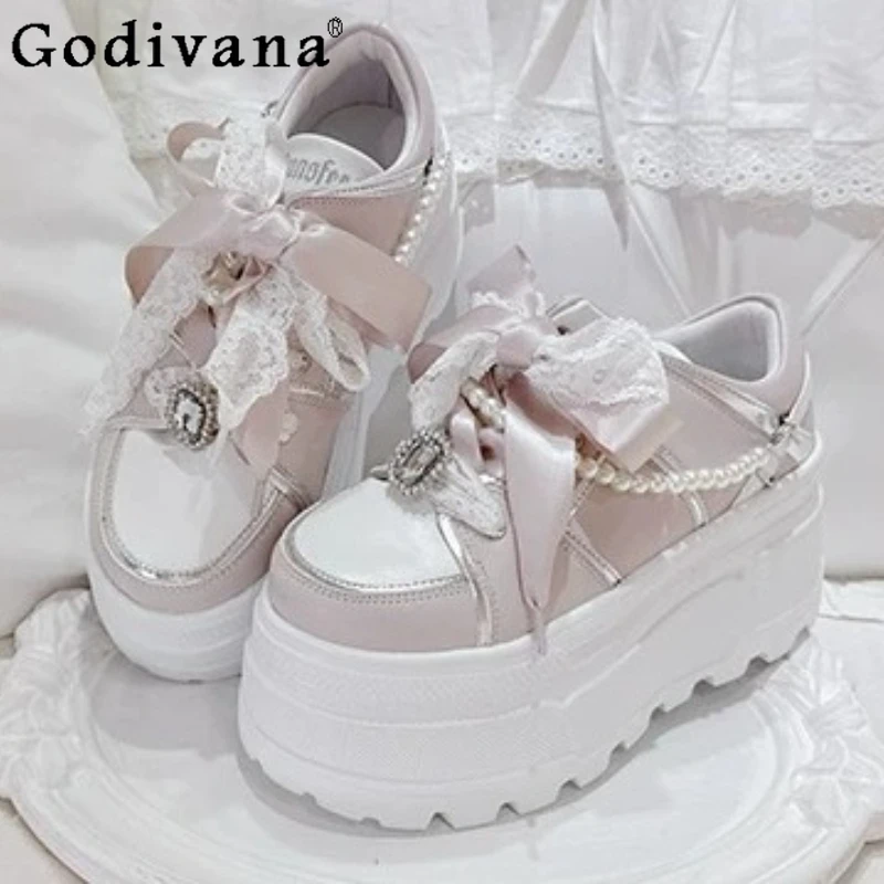 

Original Japanese Mine Mass- Produced Pink Platform Shoes Spring New Woman's Sweet Bow Lace Waterproof Lolita High Heel Pumps