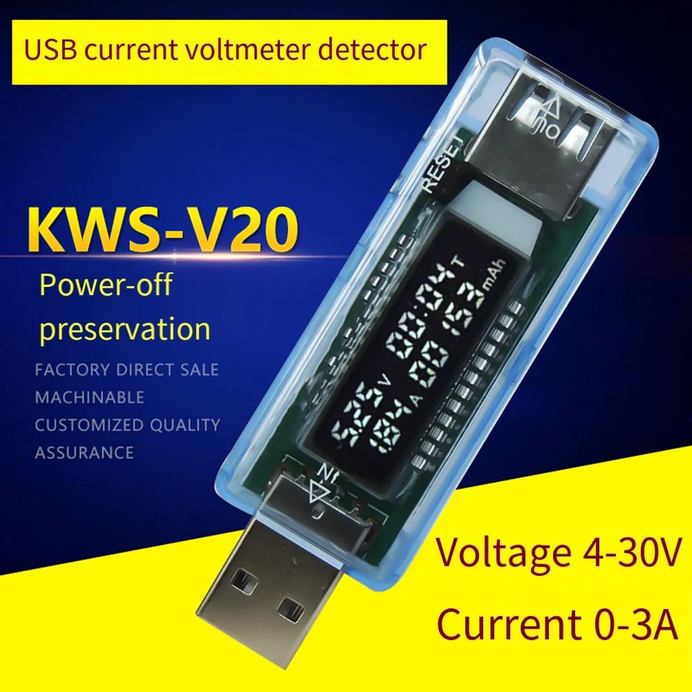 USB Voltage Current Meter 3V-9V 0-3A LCD Power Capacity Tester KWS-V20 For For Battery For Charger Phone Power Bank Analysis Too
