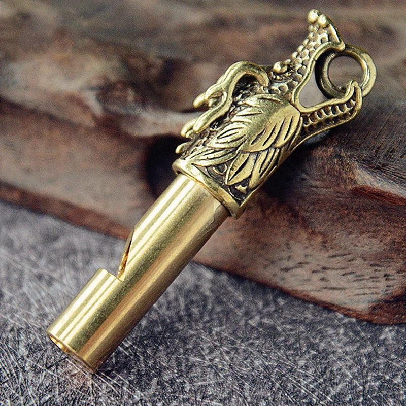 Vintage Brass Dragon Head Whistle Pendants Survival Tools Car Keys Chains Outdoor Whistles Necklaces Keychains Charm