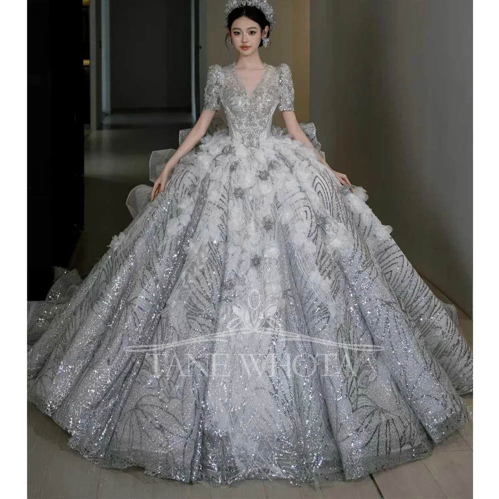 

V-Neck Short Sleeve Beaded Sequined Ball Gown Wedding Dress Customized Sexy Civil Ceremony Robe Mariée