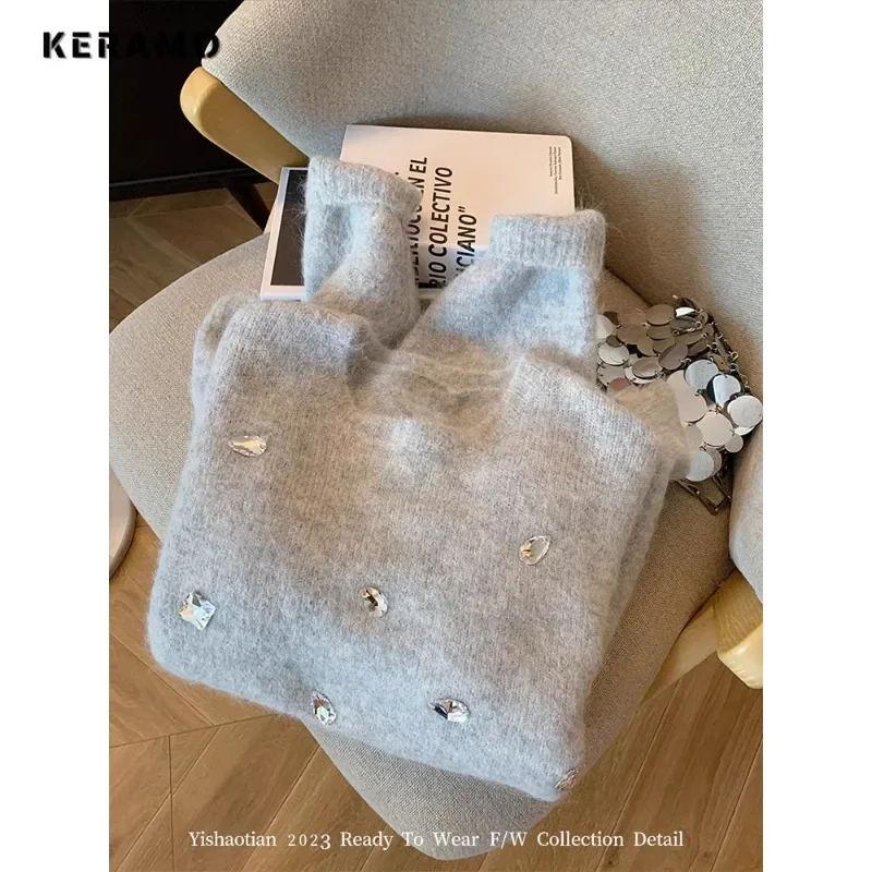 2023 Winter Casual Luxury Knitting Long Sleeve 3D Decoration Pullovers Korean Fashion Women Elegant Ladies Warm Loose Sweater