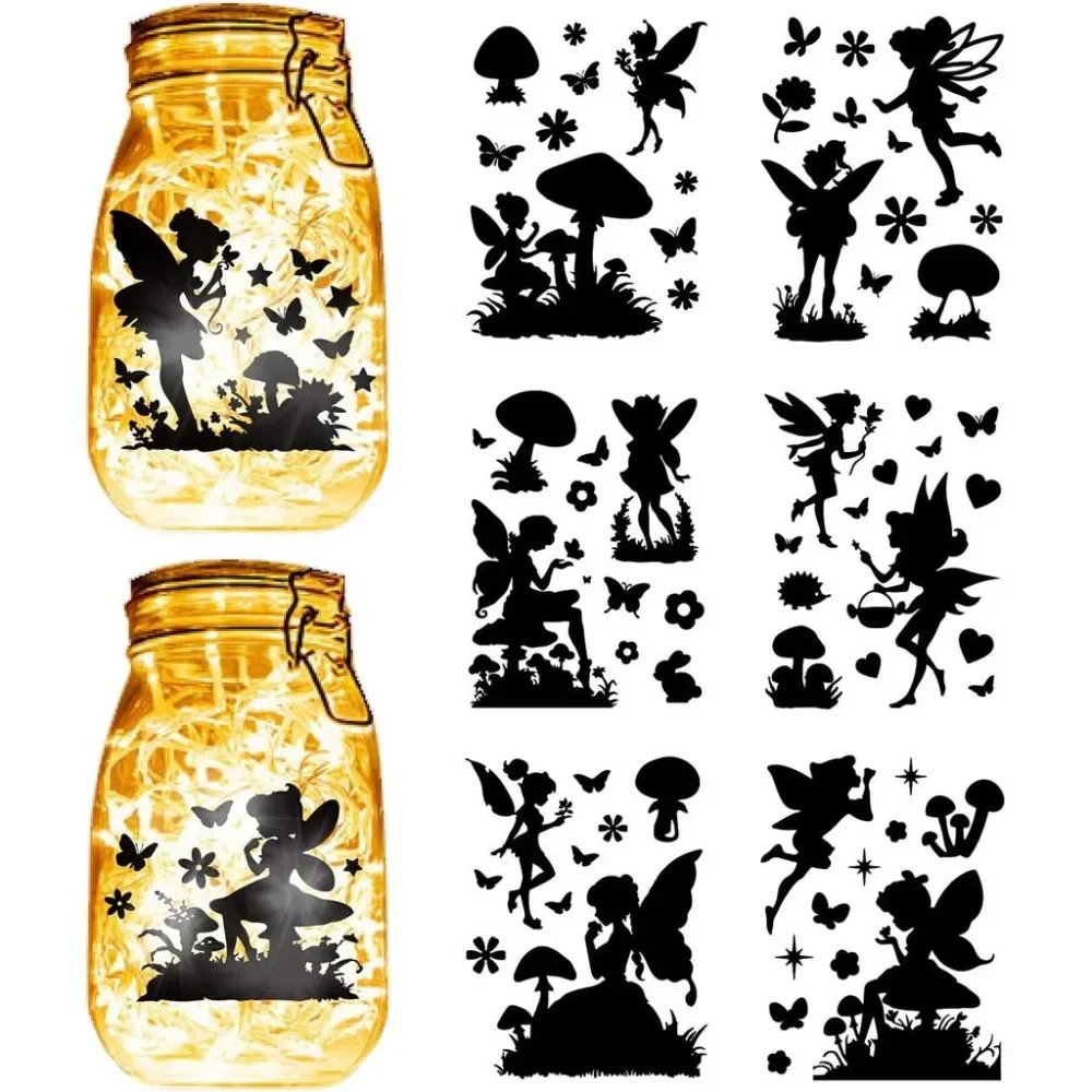 6 Sheets 6 Styles Fairy Silhouette Stickers Mushroom Mason Jar Decor Angel Butterfly Flower Decals Scrapbook Die Cuts Ornaments