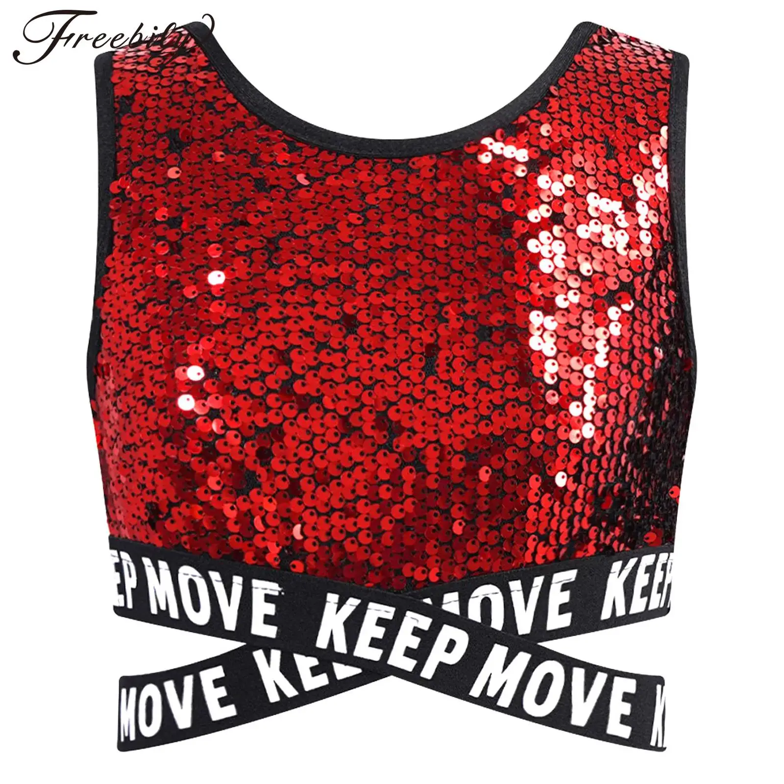 Kids Girls Hip-hop Jazz Dance Tops Shiny Sequin Criss-cross Waistline Crop Top Musical Carnival Festive Performance Team Costume