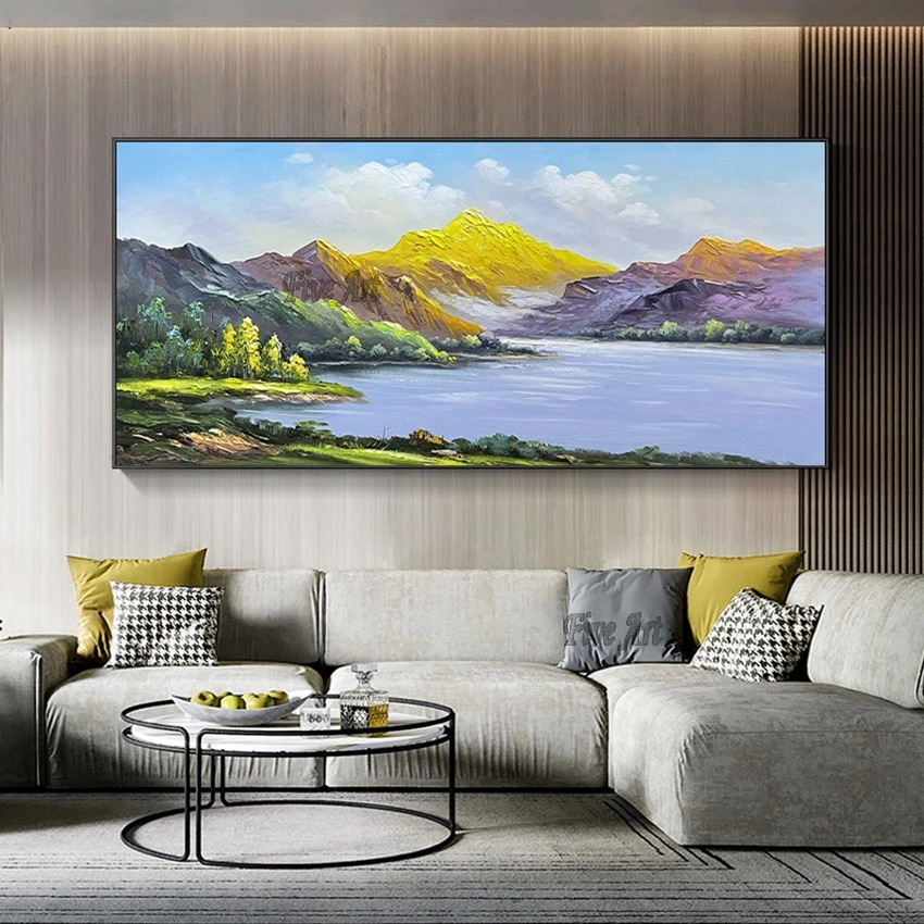 100% Hand-painted Lakeside Beautiful Landscape Gold Mountain Oil Painting Home Decoration Piece Modern Art Picture Unframed