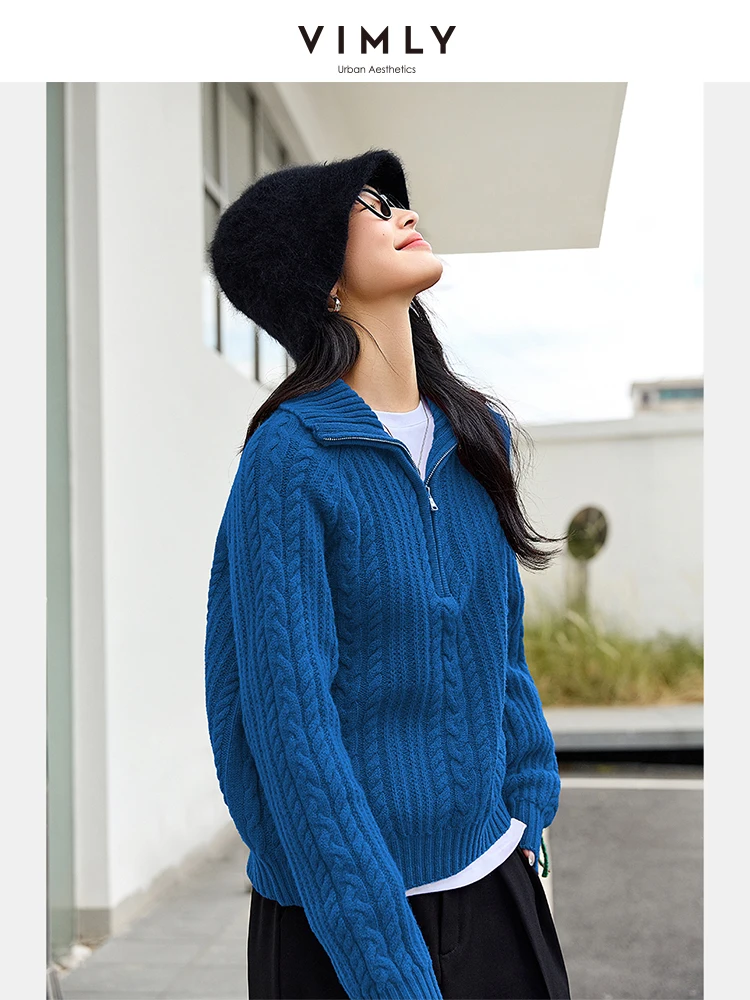Vimly feminino 100% lã pullovers camisola casual outono 2025 feminino manga longa camisola alta pescoço strecth senhoras camisola 73737