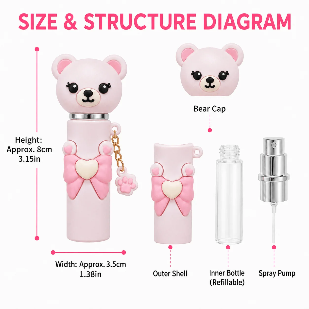 Cute Bow-Knot Teddy Bear Mini Refillable Perfume Spray Bottle, with Paw Print Pendant Keychain, Portable Travel Fine Mist Sprayer, Detachable Teddy Bear Cap Fragrance Container, Girly Pastel Fragrance Sprayer, Cute Gift for Girls and Women view 4