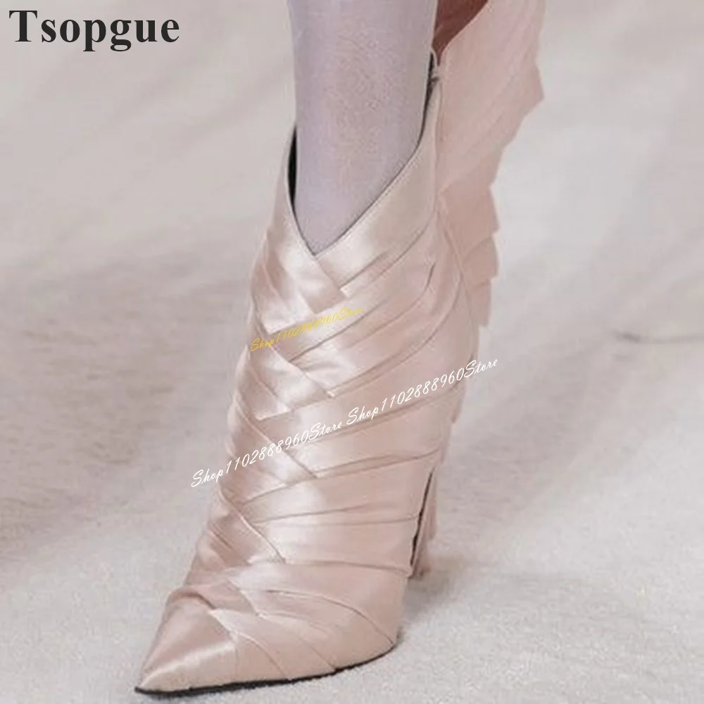 Runway Champagne Silk Ruffles Decor stivaletti scarpe tacco alto sottile per le donne cerniera posteriore punta a punta 2024 Zapatos Para Mujere