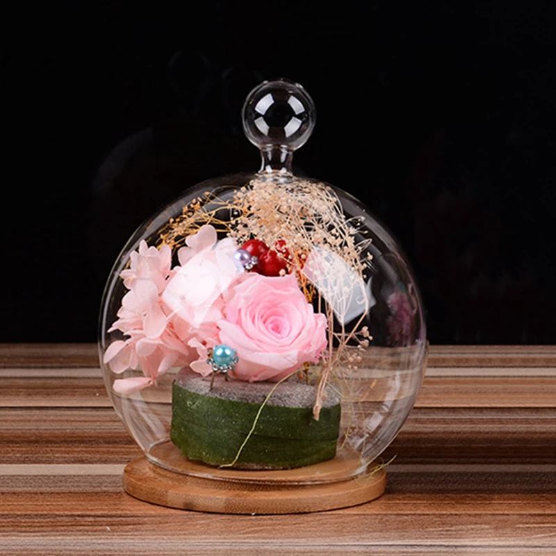 

Free Shipping 2sets/pack Diameter=15cm Ball Top Round Glass Dome Vase Home Deocration Bamboo Base Cover DIY Wedding Favor Gift