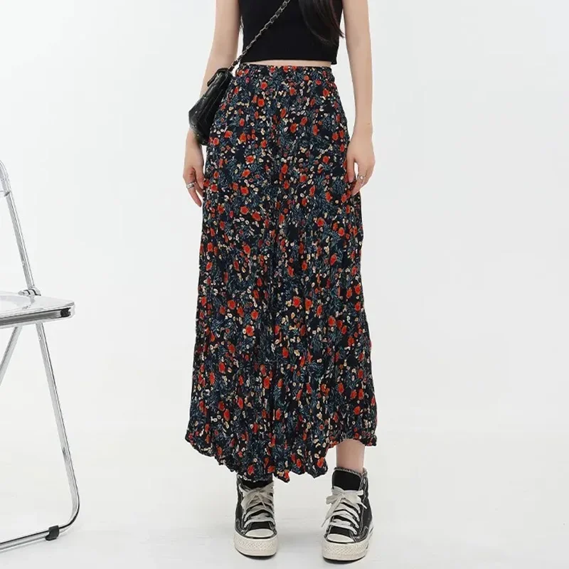 Biyaby Vintage Flower Printing Long Skirt Women Summer High Waist Pleated Mid Length Skirts Woman Korean Loose A-Line Skirts