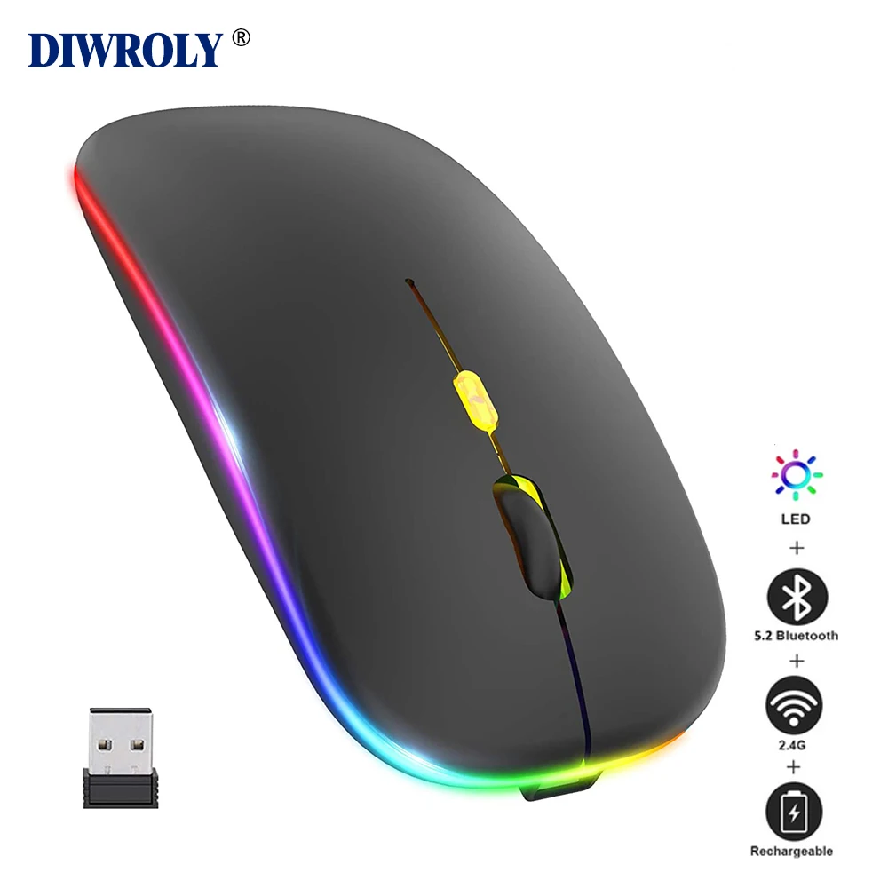 Bluetooth Wireless Mouse for Laptop iPad Tablet Computer with RGB Backlight Mice Ergonomic Rechargeable USB Mouse Gamer