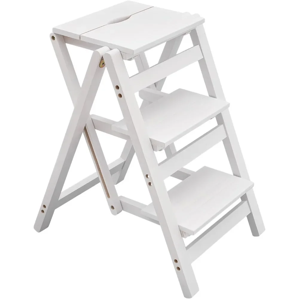 

Solid Wood Folding Ladder Chairs, Dual-Purpose Ladder Stools, Indoor Multifunctional High-Altitude Stepping Stairs,White 3