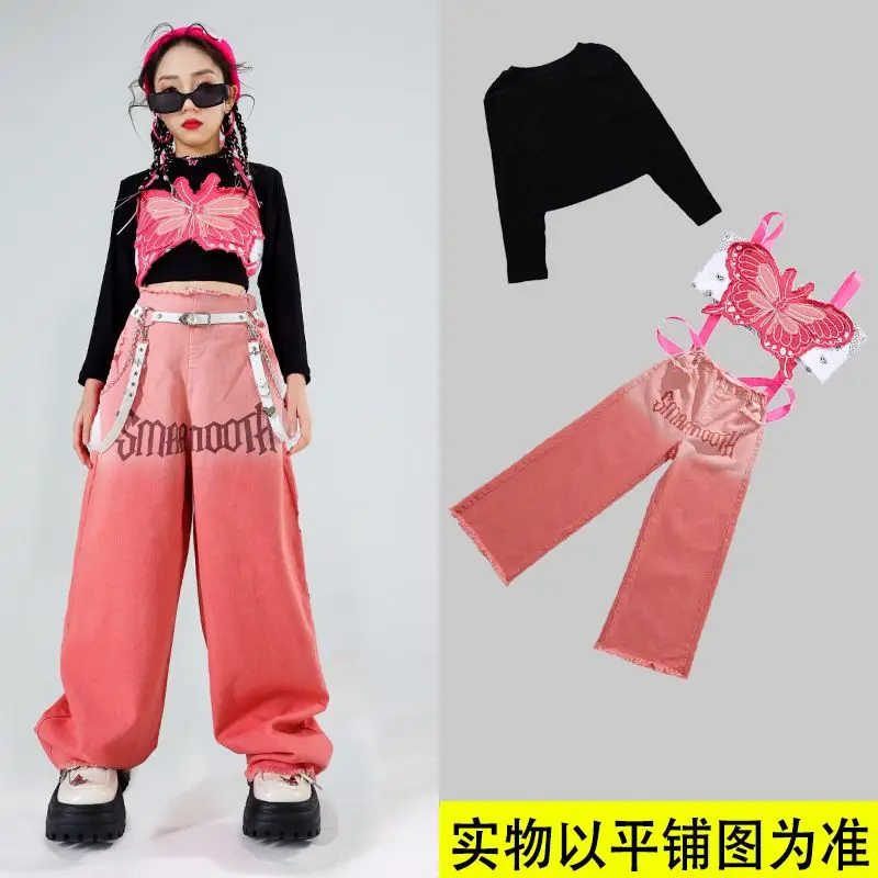 Jazz Modern Dance Costumes For Girls Loose Vest Jeans Outfits Streetwear Hip Hop Dance Performance Clothes