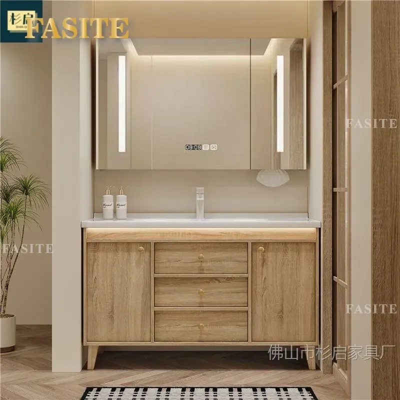 For Bathroom Floor to Ceiling Log Color Cabinet with Ceramic Integrated Basin Medium Antique Style Wash Table Storage
