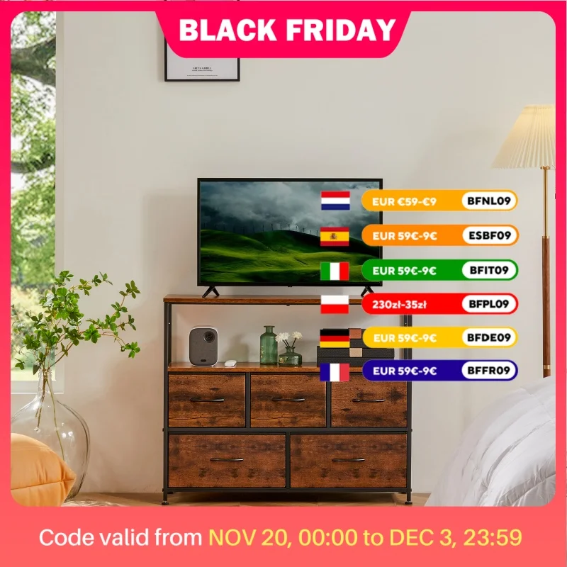 JHK Fireplace TV Stand Dresser For Bedroom With 5 Fabric Drawers Storage Closet Chest Clothes Storage Display Cabinet Furniture