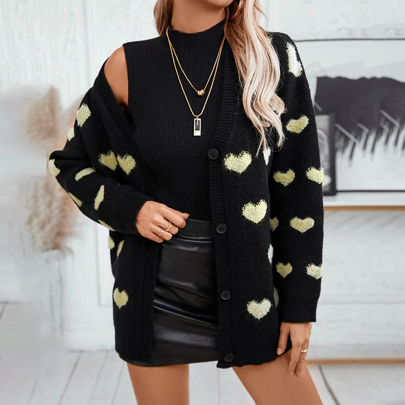 Single Sweater V Neck Loose Fit Sweet and Fresh with Heart Jacquard Cardigan Long Sleeve Heat Set Finish Midi Cardigan for Women