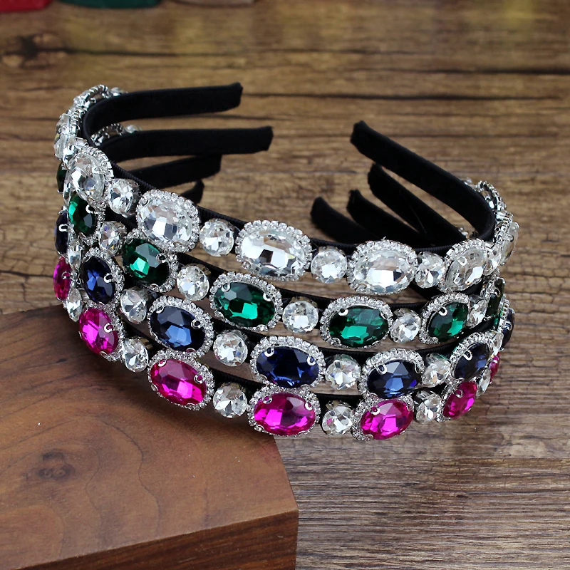 Luxury Pink Navy Green Oval Crystal And Diamante Hairbands Rhinestone Headband For Women Korean Fashion Hair Jewelry