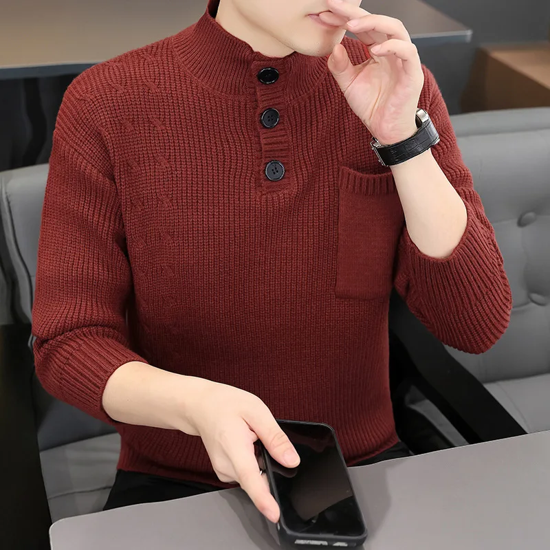 Versi Korea Sweater Rajut Pria Kerah Setengah Tinggi Lengan Panjang Warna Solid Kancing Depan Model Pullover Pakaian Atasan Pria