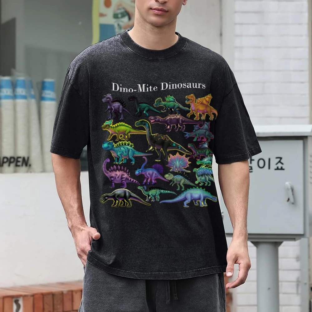Dinosaur Graphic Print T Shirt 90s Vintage Unisex Washed Old T-shirt Hip Hop Streetwear Trendy Cotton Loose Short Sleeve