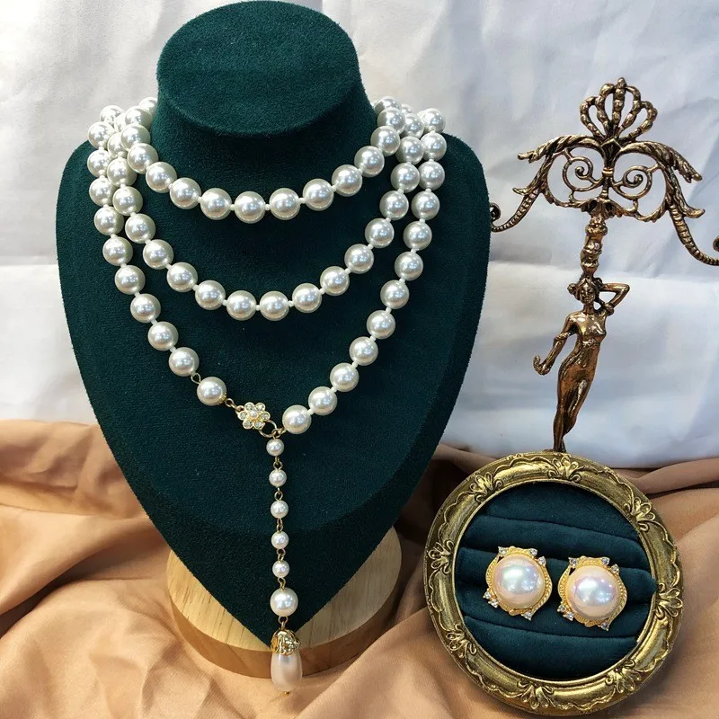 

Vintage Jewelry Sets for Women Necklace Earrings Luxury Elegant Baroque Multi-Layer Long Imitation Pearl Sweater Chain