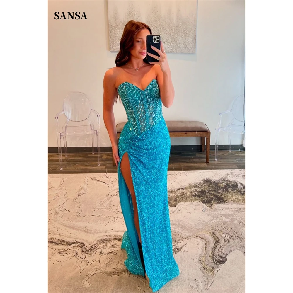 Sansa Custom Turquoise Sequin Strapless Evening Dress Sheer Corset High Slit Mermaid Prom Dress Formal Homecoming Party Gown
