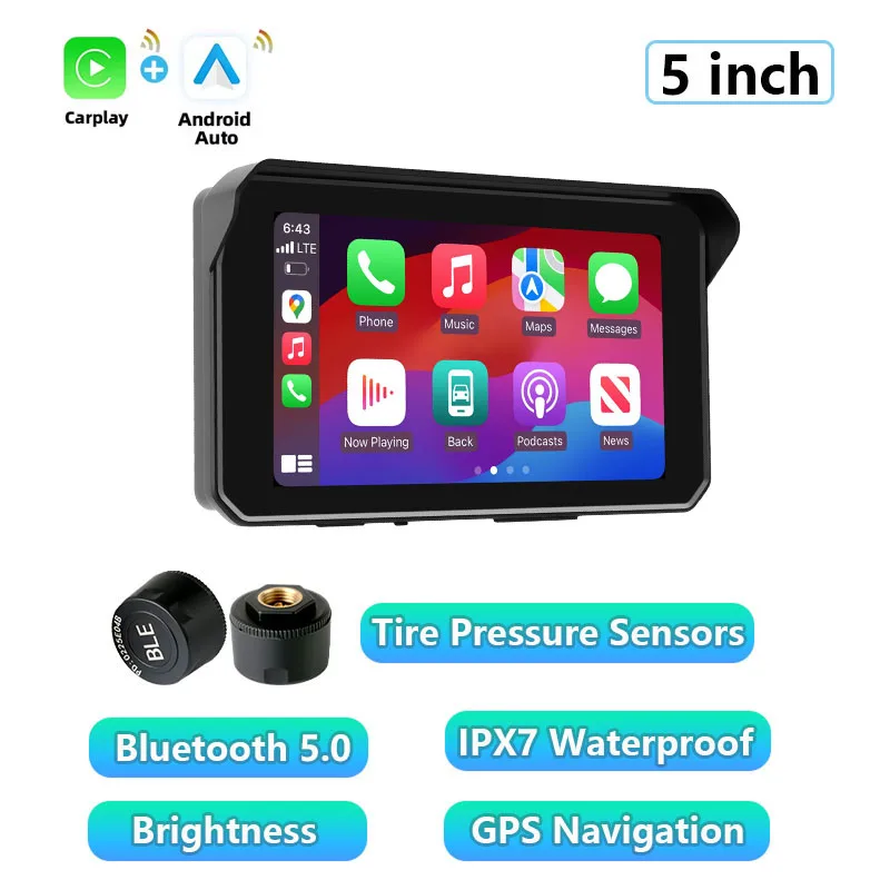 5 inch Motorcycle Navigation Wireless CarPlay Android Auto Dual Bluetooth IPX7 Waterproof Display Moto Monitor Support TPMS image 3