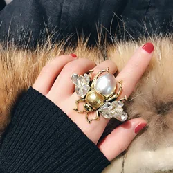 Vintage Crystal Pearl Bees Finger Rings for Women Geometric Crystal Adjustable   Ring Female Gothic Jewelry