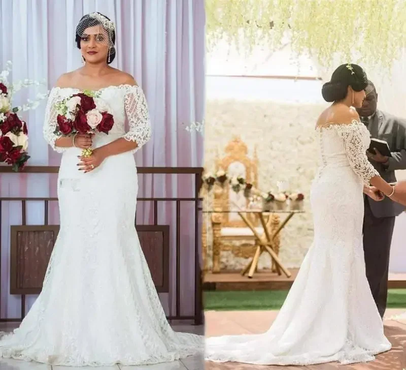 맞춤 플러스 사이즈 웨딩 오프숄더 롱 슬리브 풀 레이스 스윕 트레인 두바이 아랍 머메이드 브라이덜 가운 웨딩드레스