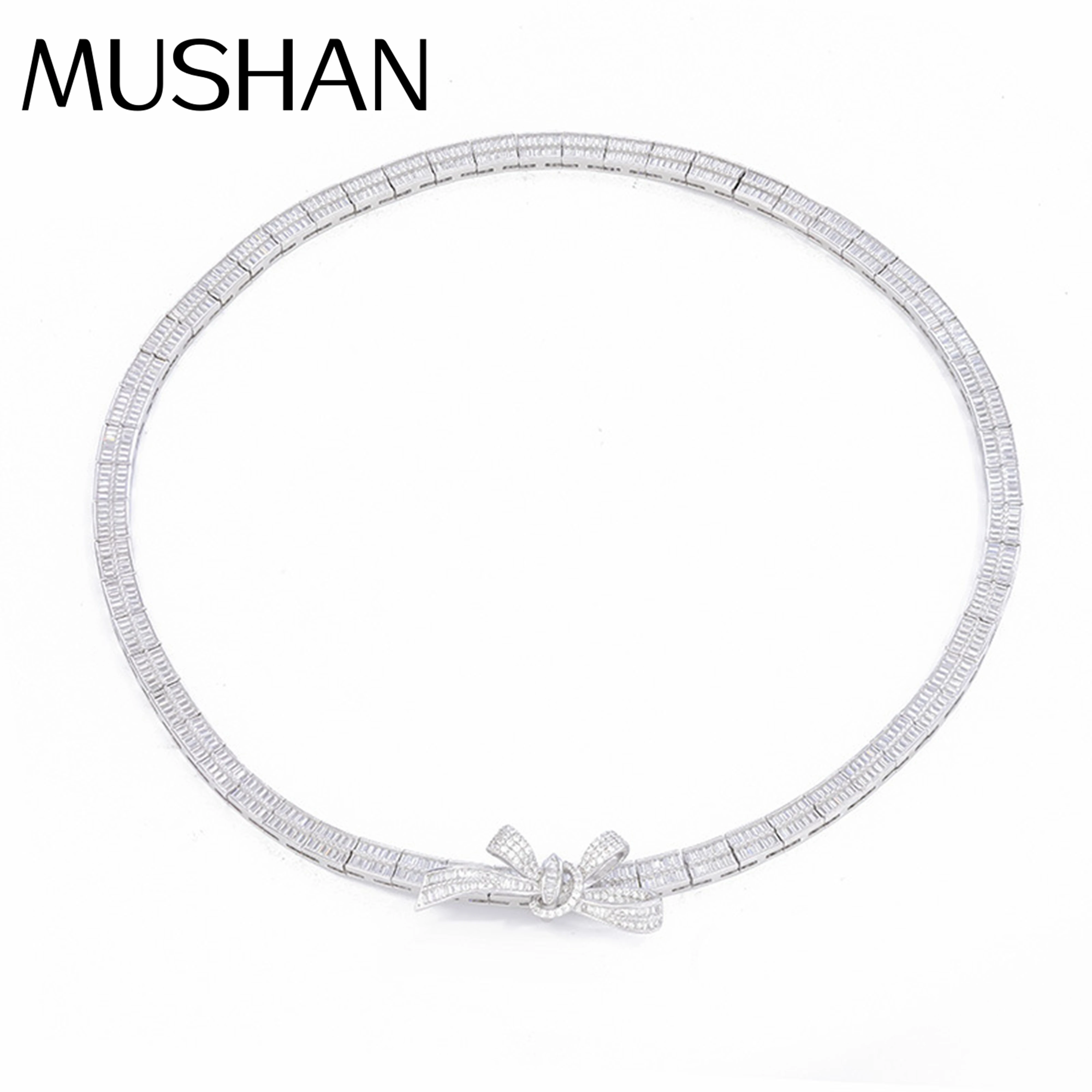 

MuShan Luxury Brand Fine Bow Collarbone Chain Zircon 925 Sterling Silver Pendant Necklace Party Jewelry