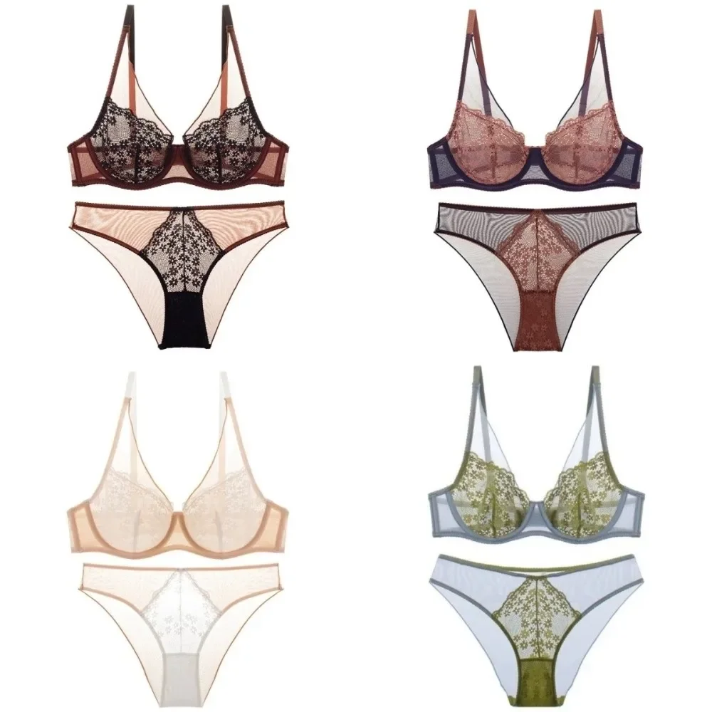 Image of Netz-Spitzen-Blumen-BH-Set Dessous Unterwäsche Push-Up-BH Damen Nahtloser BH Netz-BH Höschen-Set Romantische Abende
